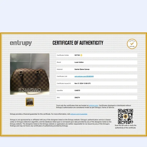 Authentic certificate Louis Vuitton Ribera MM Damier Ebene - Picture 10 of 10